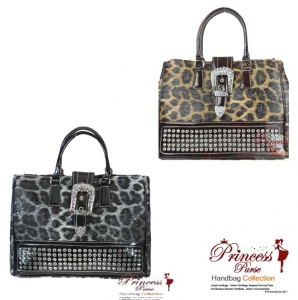 6 piece Bulk Buy!! Inspired Leopard Print Handbag w/ Rhinestone And Front Buckle Accent